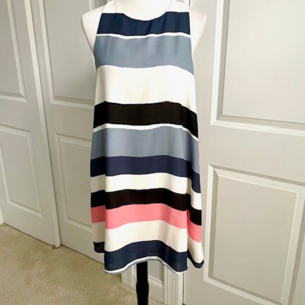 Black Gray Pink Stripe Swing A-Line Dress Size Large